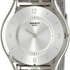 Swiss Swatch Skin Classic Metal Knit Silver Mesh Band Watch 35mm